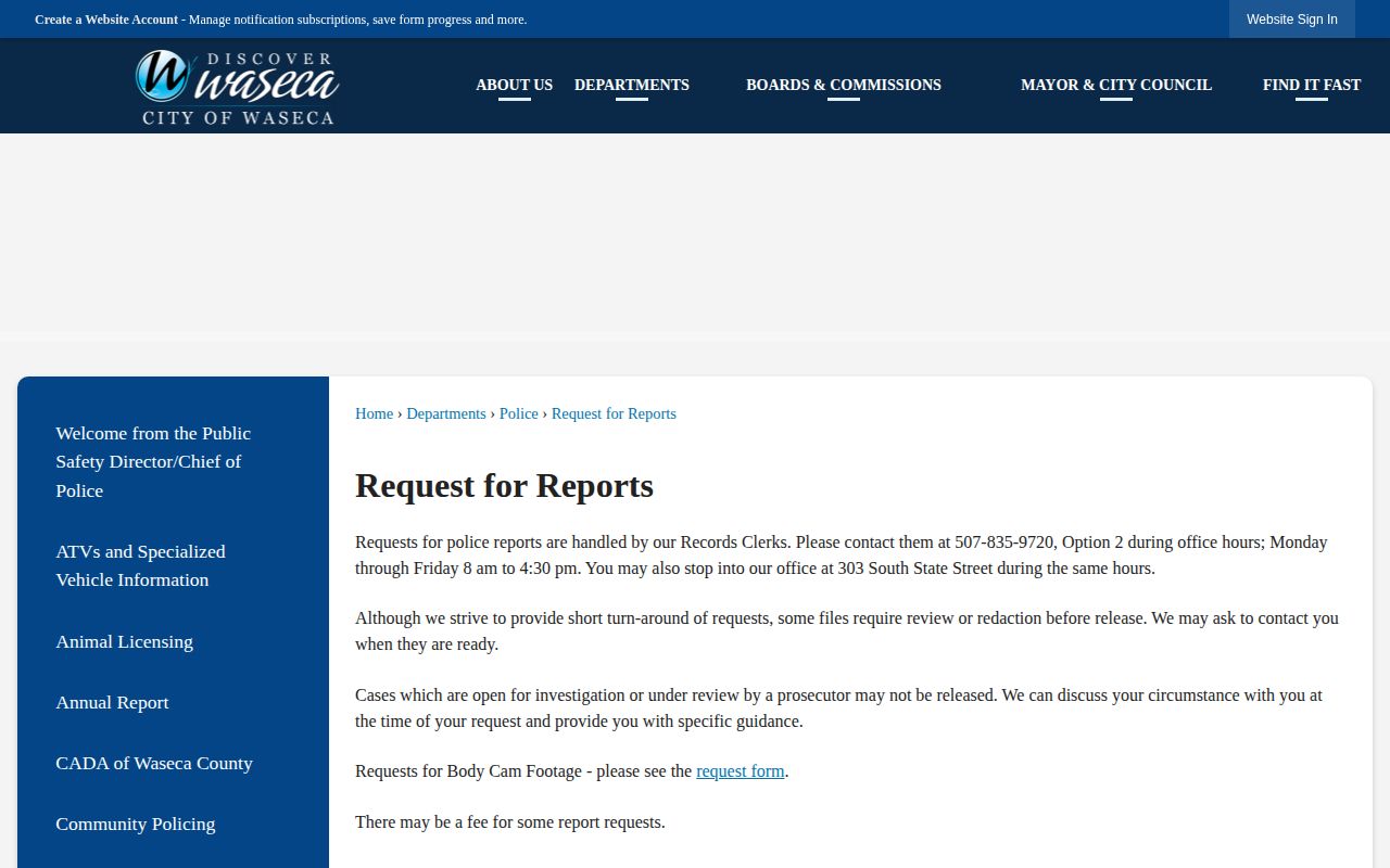 Waseca Police arrest-record request page for Waseca booking records