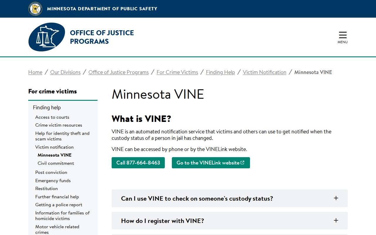 Waseca County custody notification through Minnesota VINE